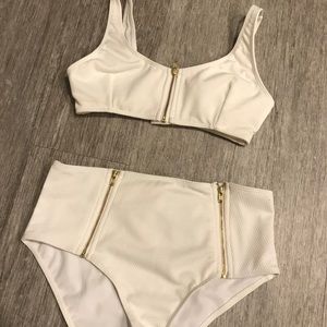 White and gold high waisted zipper bikini